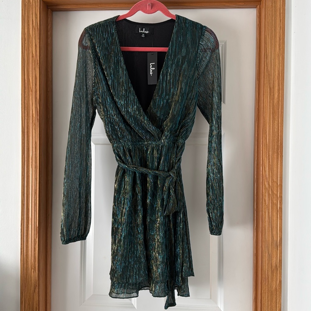 Lulus Flirt About It Gold and Teal Blue Metallic Mini Dress